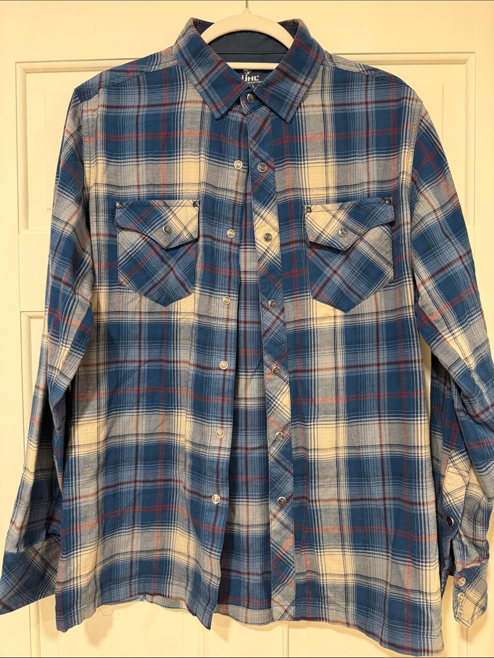 KUHL Western Pearl Snap Flannel Shirt Men’s Small Blue Cream Plaid